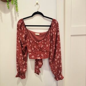 Altar'd State Women's Mauve Floral Bell Sleeve Cropped Tie Back Top Size X-Large
